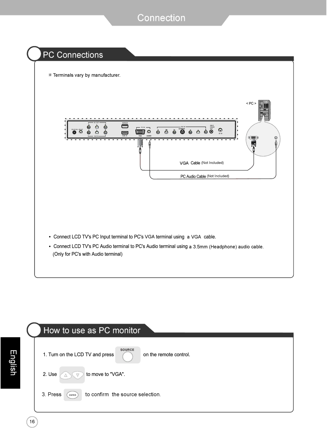 Jensen JE1911 manual PC Connections, How to use as PC monitor 