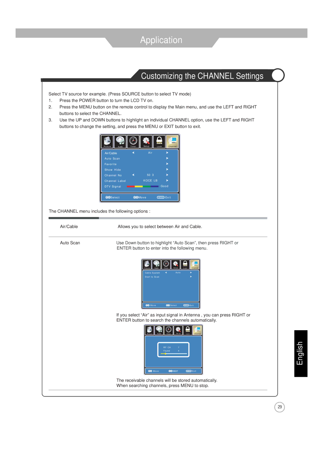 Jensen JE1911 manual Customizing the Channel Settings, Enter button to enter into the following menu 