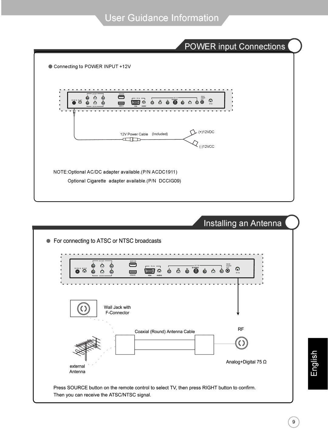 Jensen JE1911 manual Power input Connections, Installing an Antenna 