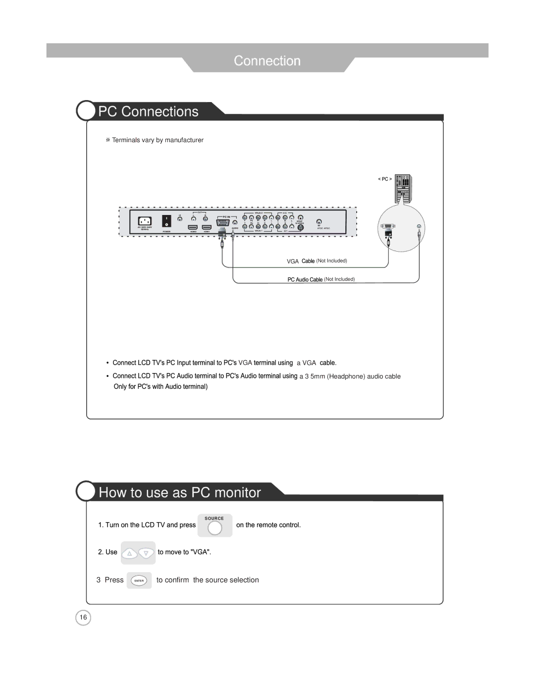 Jensen JE2608WV manual PC Connections, How to use as PC monitor 