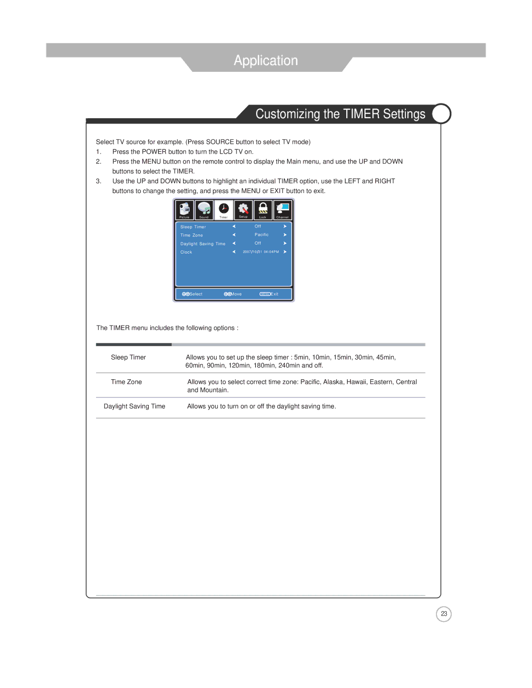 Jensen JE2608WV manual Application, Customizing the Timer Settings 