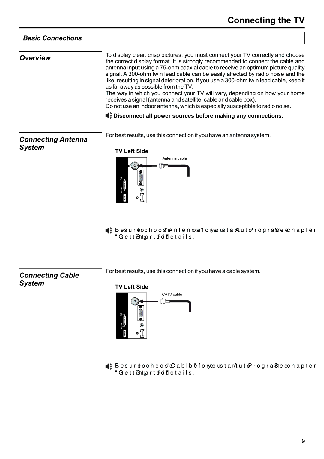 Jensen JE2707 operation manual Connecting the TV, Overview Connecting Antenna System, Connecting Cable System, TV Left Side 