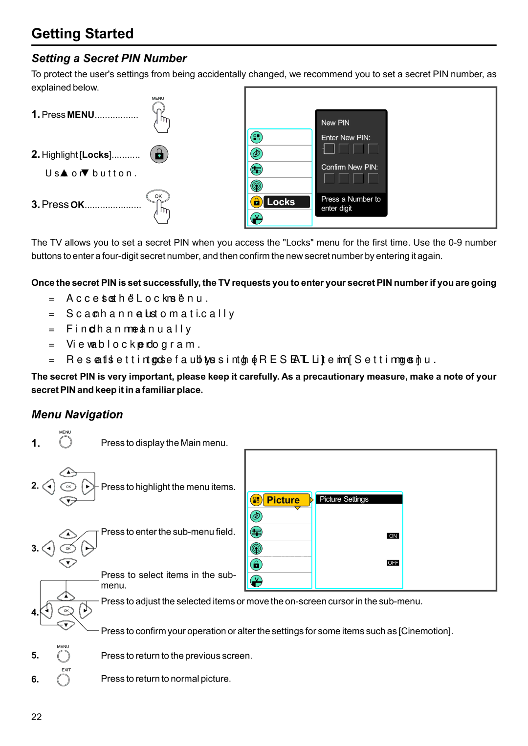 Jensen JE2707 operation manual Setting a Secret PIN Number, Menu Navigation, Press Menu, Press to return to normal picture 