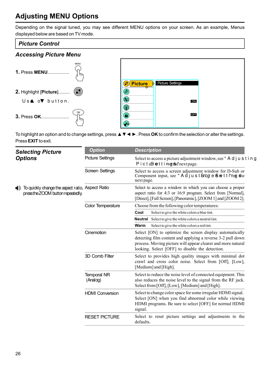 Jensen JE2707 operation manual Adjusting Menu Options, Picture Control Accessing Picture Menu, Selecting Picture 