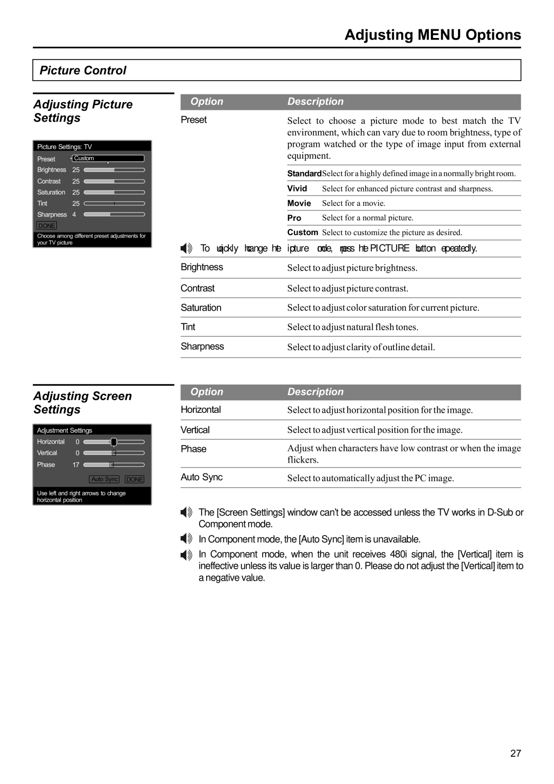 Jensen JE2707 operation manual Picture Control, Adjusting Screen Settings 