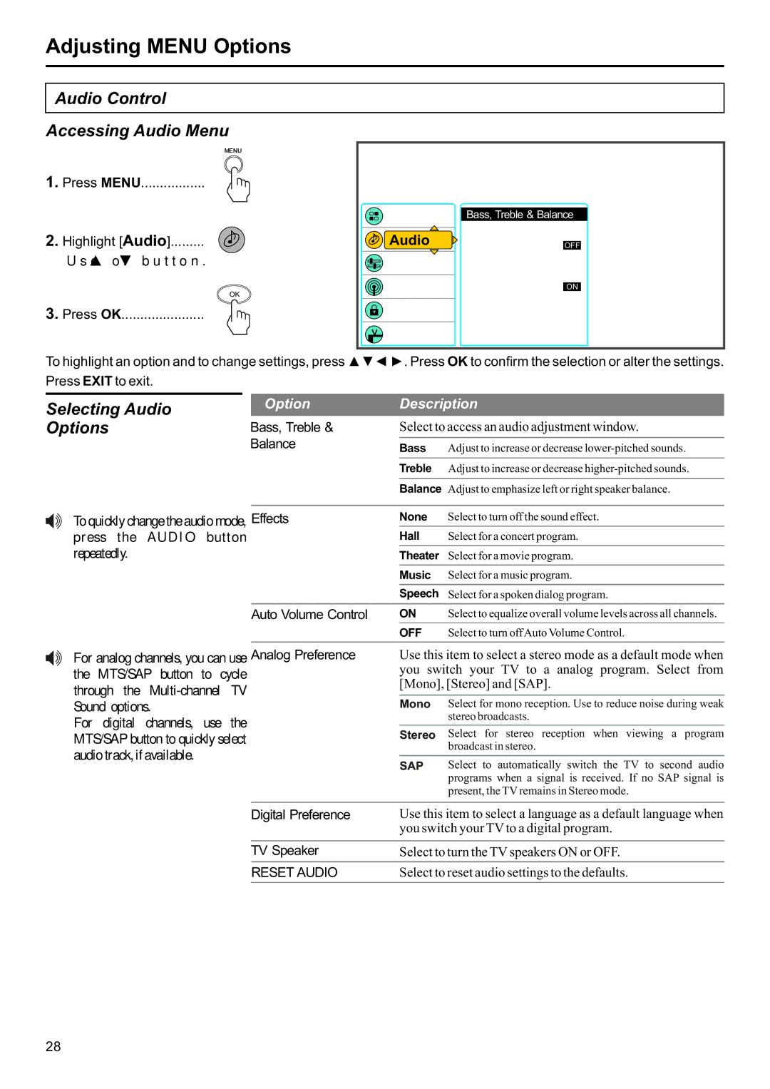 Jensen JE2707 operation manual Audio Control Accessing Audio Menu, Selecting Audio 