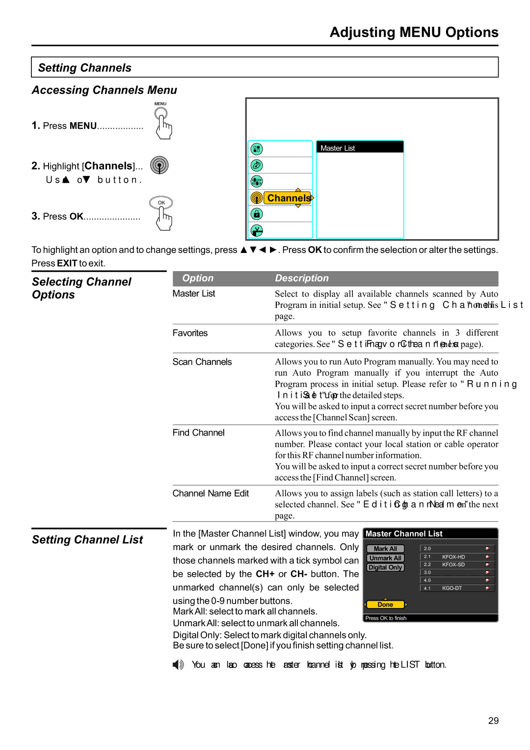 Jensen JE2707 operation manual Setting Channels Accessing Channels Menu, Selecting Channel, Setting Channel List 