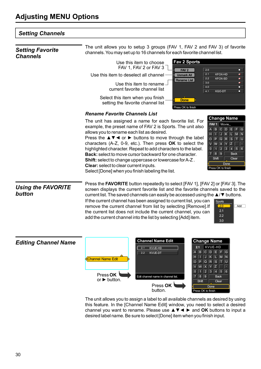 Jensen JE2707 Setting Channels Setting Favorite Channels, Using the Favorite button, Press OK or button, Press OK button 