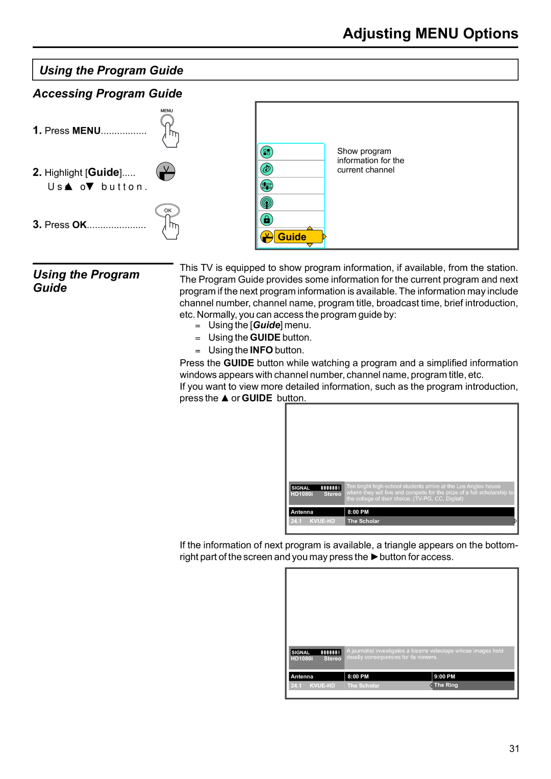 Jensen JE2707 operation manual Using the Program Guide Accessing Program Guide, Highlight Guide 