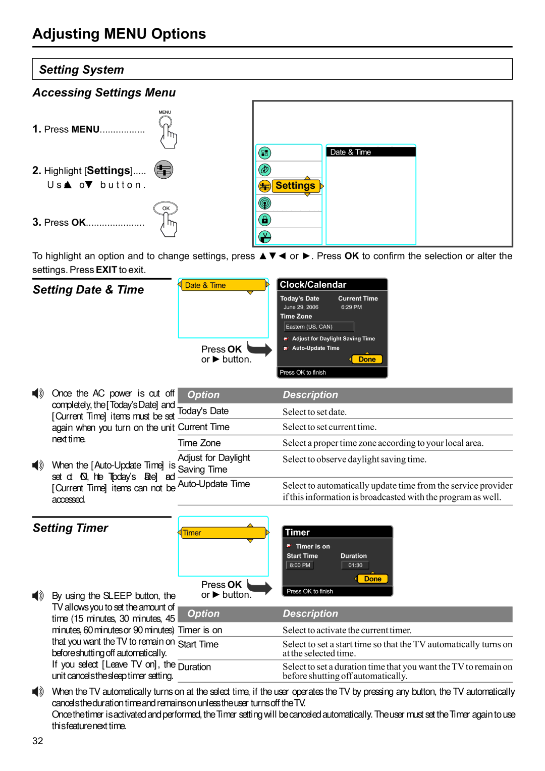 Jensen JE2707 operation manual Setting System Accessing Settings Menu, Setting Date & Time, Setting Timer 