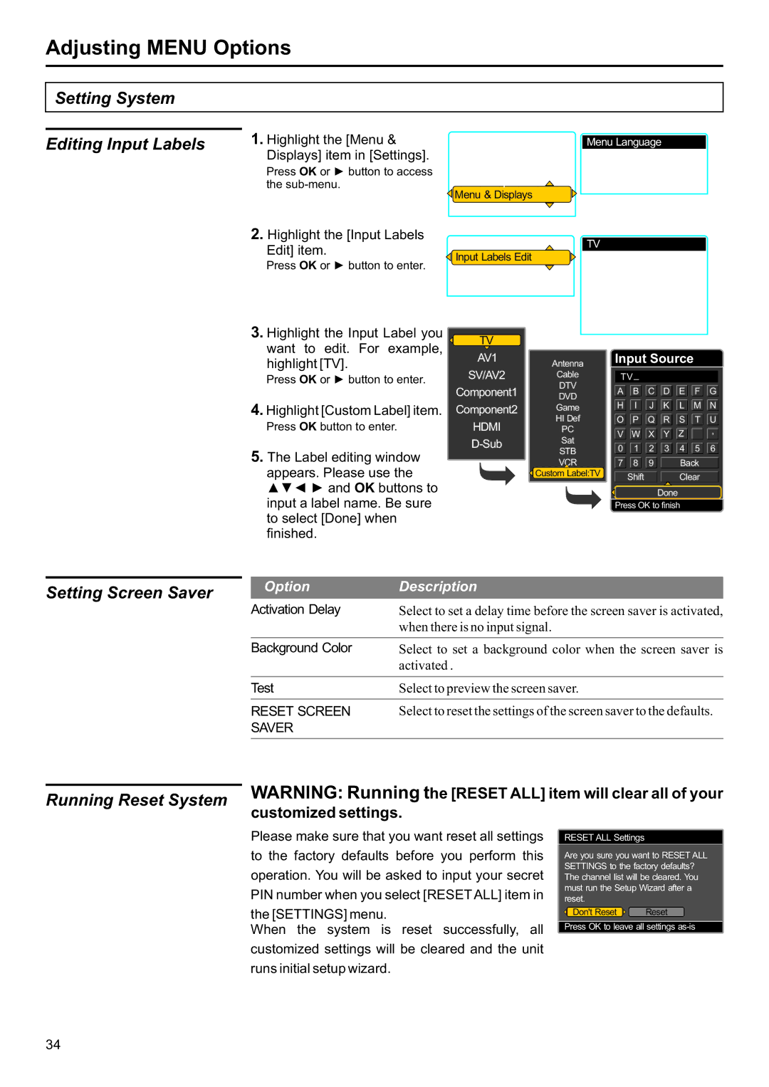 Jensen JE2707 operation manual Setting System, Setting Screen Saver, Running Reset System 