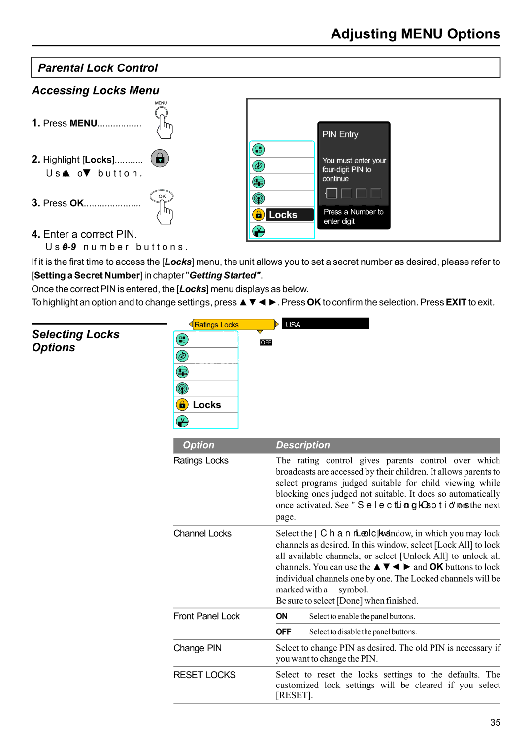 Jensen JE2707 operation manual Parental Lock Control Accessing Locks Menu, Selecting Locks Options 