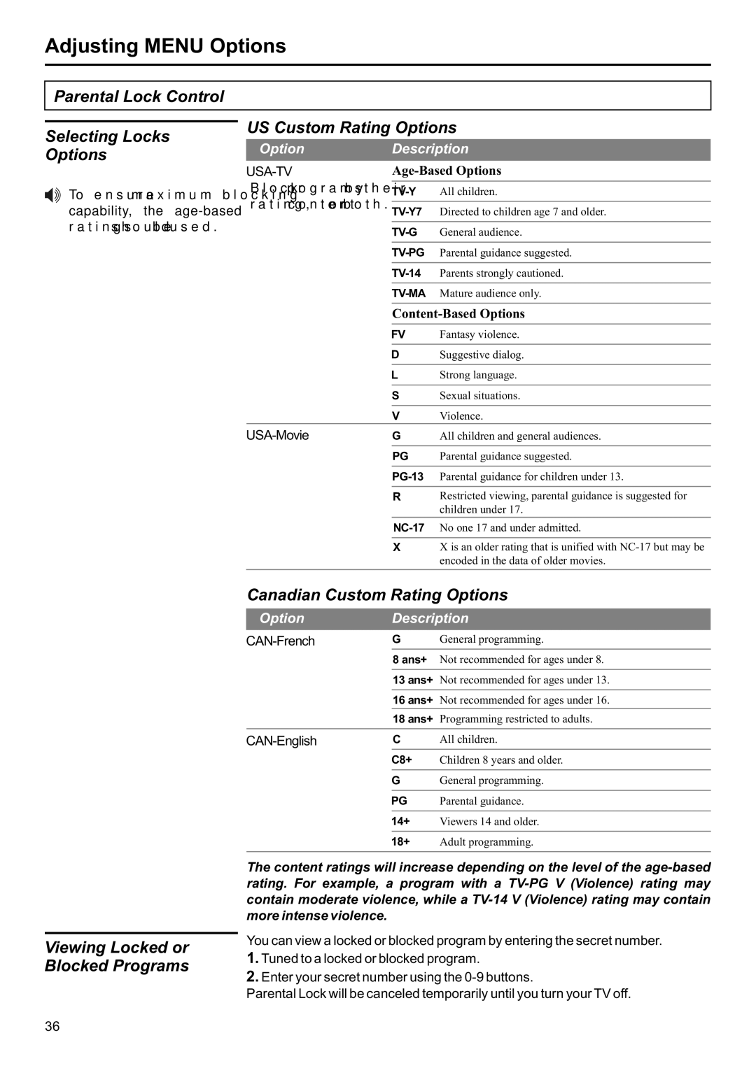 Jensen JE2707 operation manual Age-Based Options, Content-Based Options, USA-Movie, CAN-French, CAN-English 