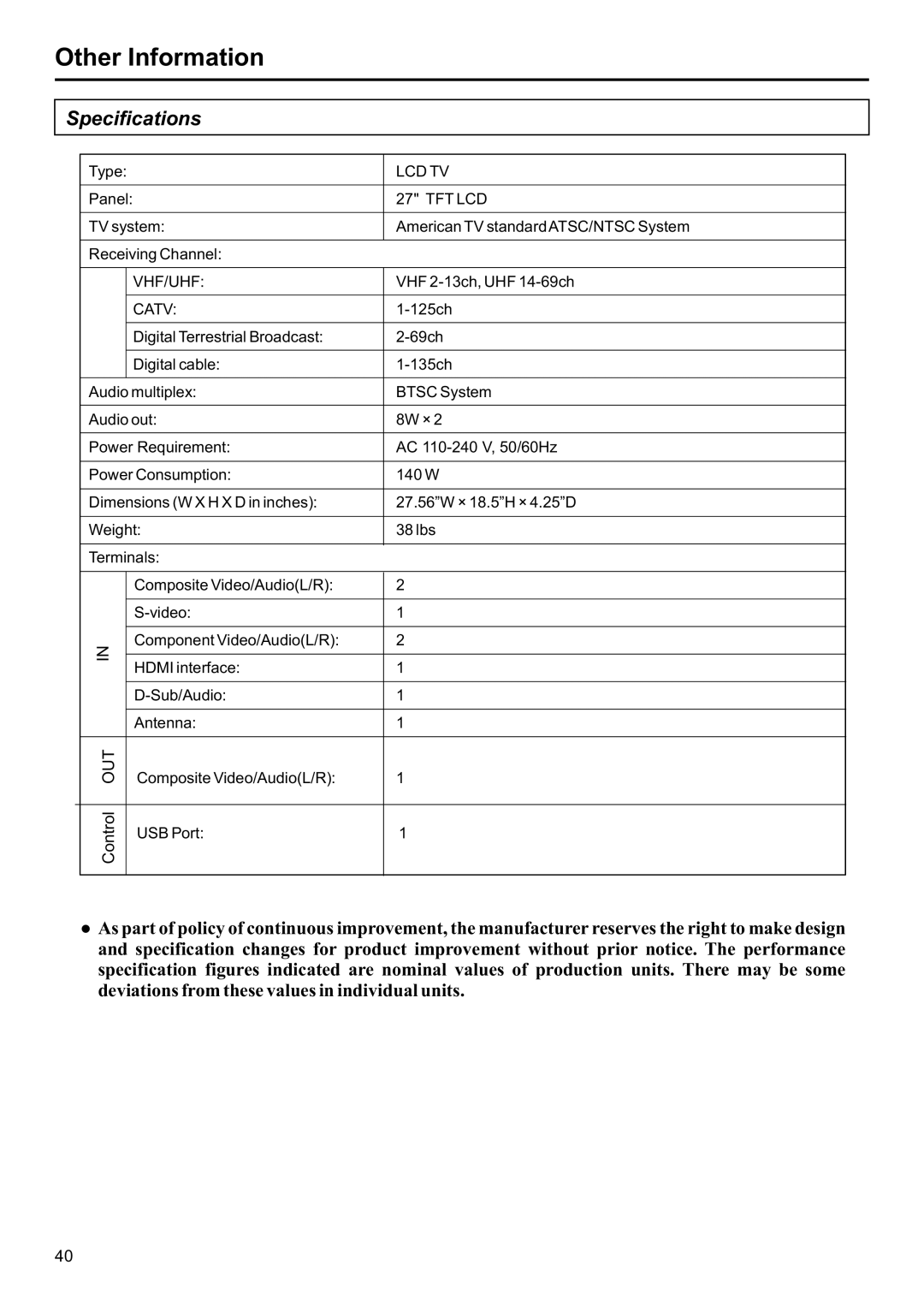 Jensen JE2707 operation manual Specifications, Catv 