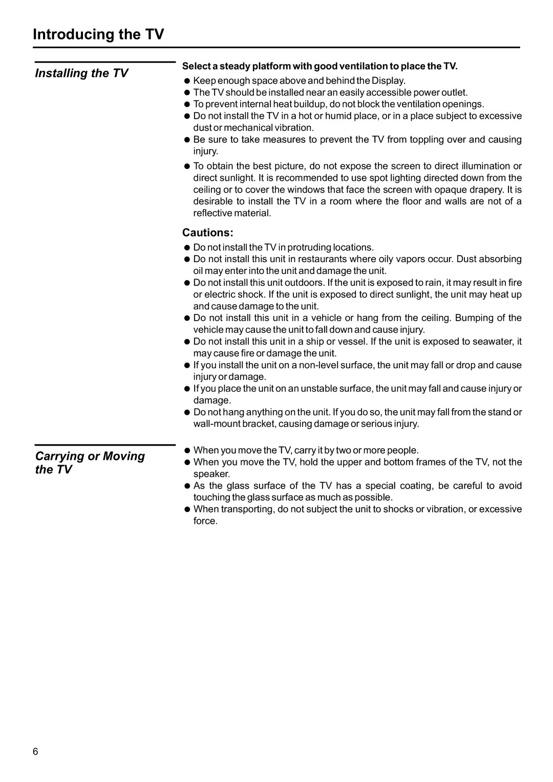 Jensen JE2707 operation manual Introducing the TV, Installing the TV Carrying or Moving the TV 