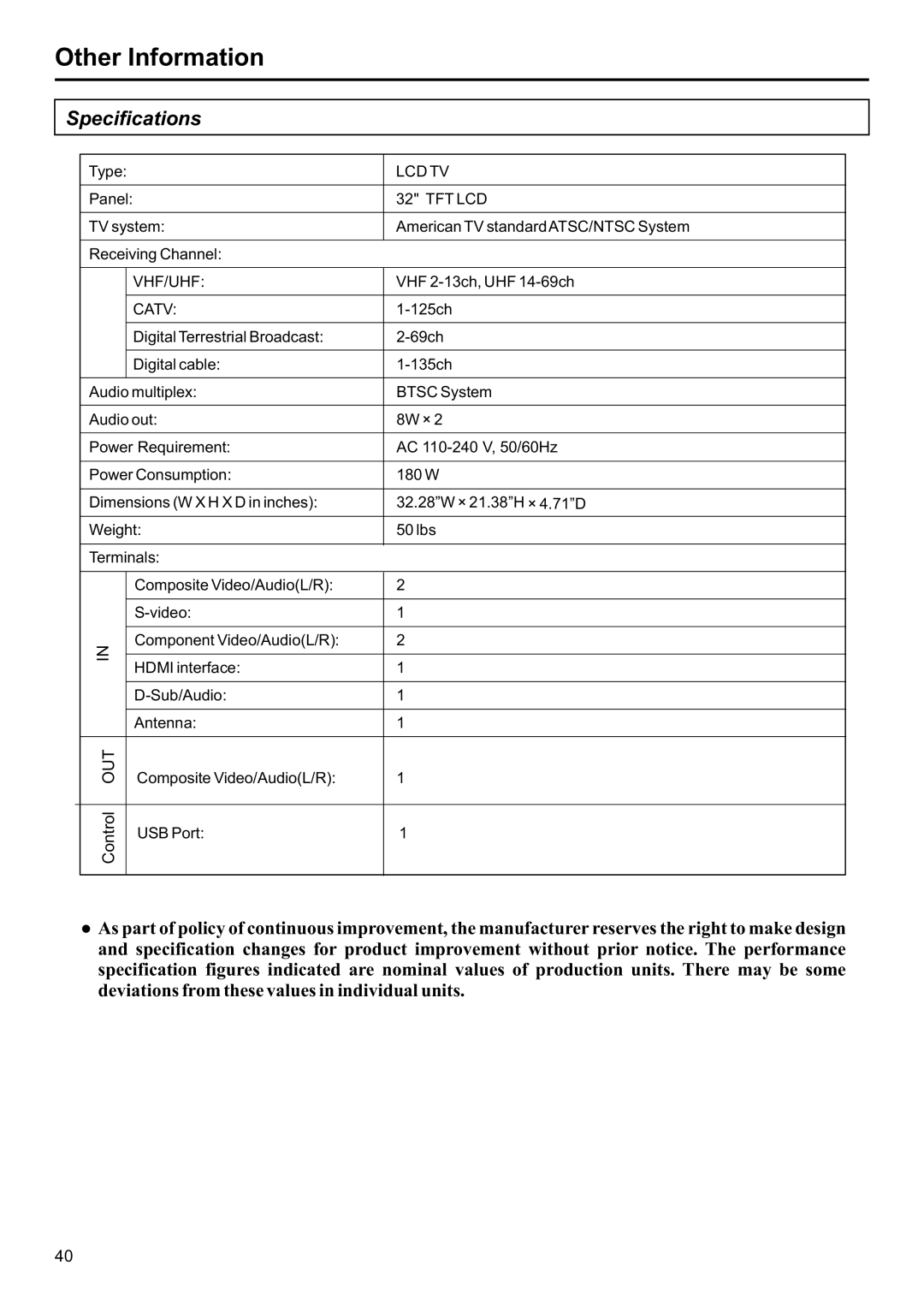 Jensen JE3207 operation manual Specifications, Catv 