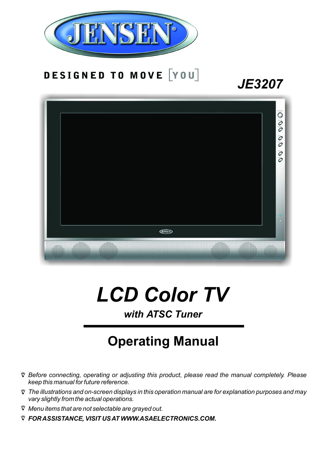 Jensen JE3207 operation manual LCD Color TV, Operating Manual, with ATSC Tuner 