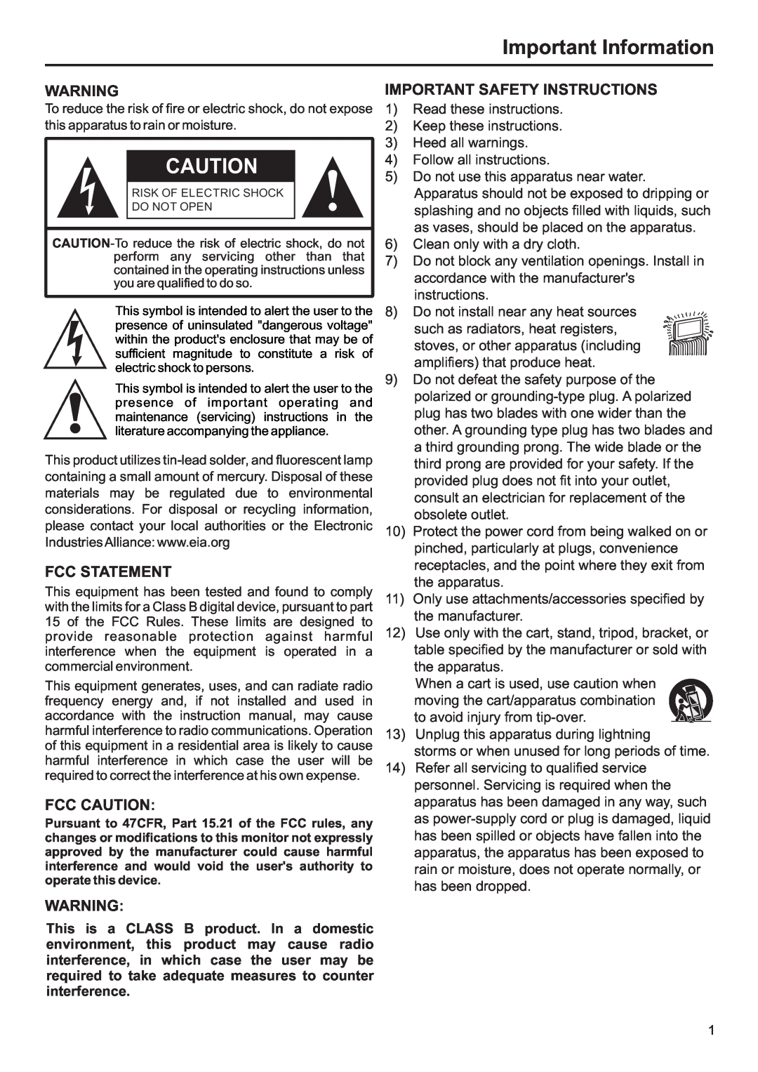 Jensen JE3207 operation manual Important Information, Fcc Statement, Fcc Caution, Important Safety Instructions 