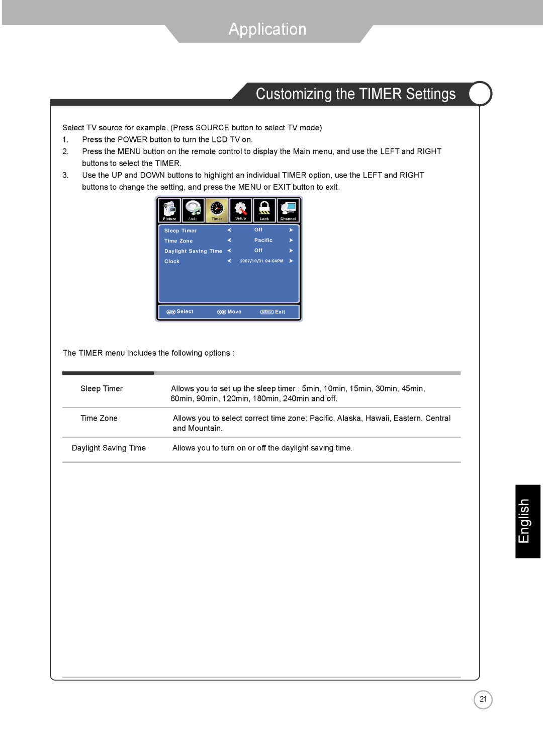 Jensen je3211 manual Application, Customizing the Timer Settings 