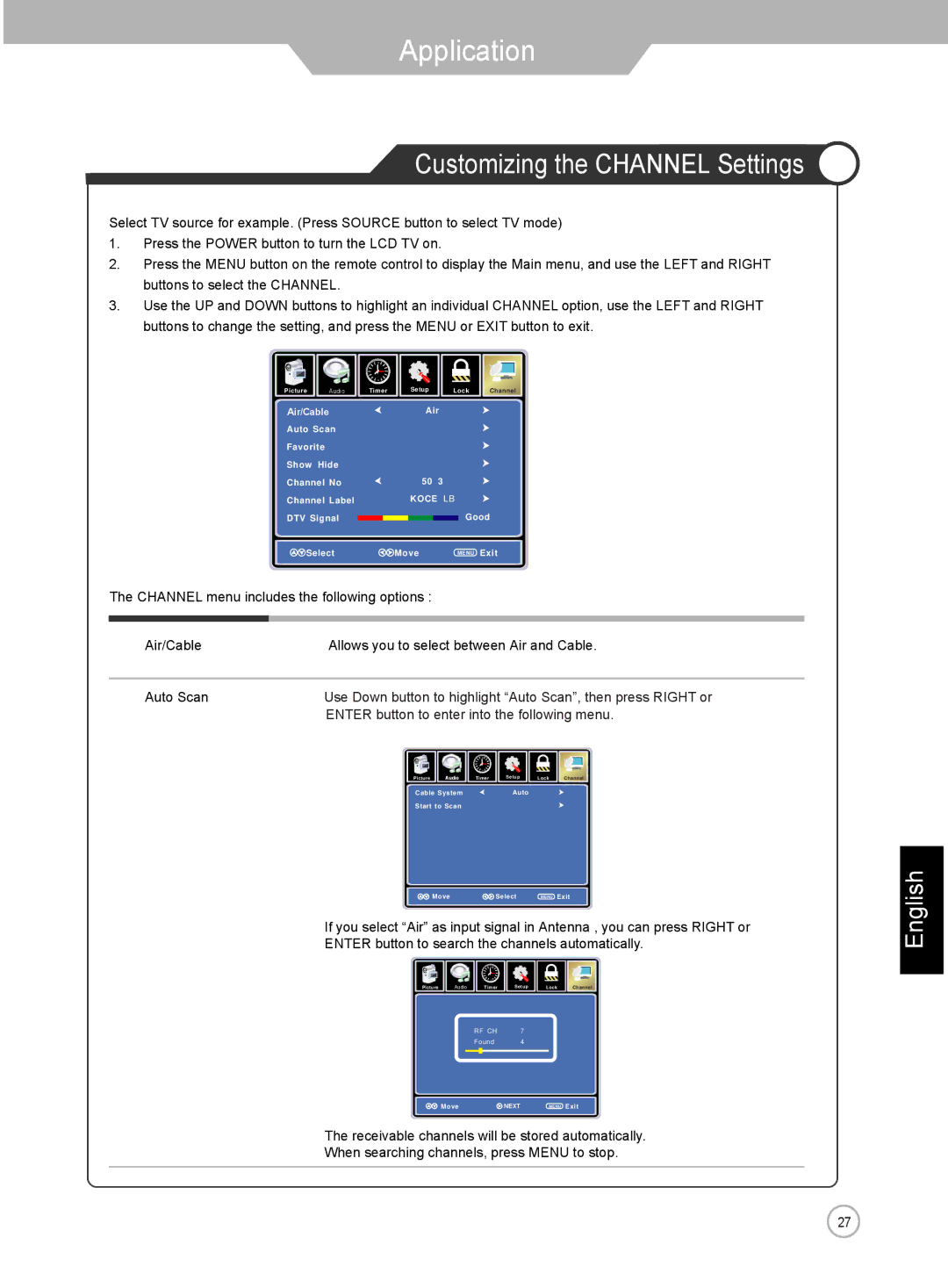 Jensen je3211 manual Customizing the Channel Settings, Enter button to enter into the following menu 