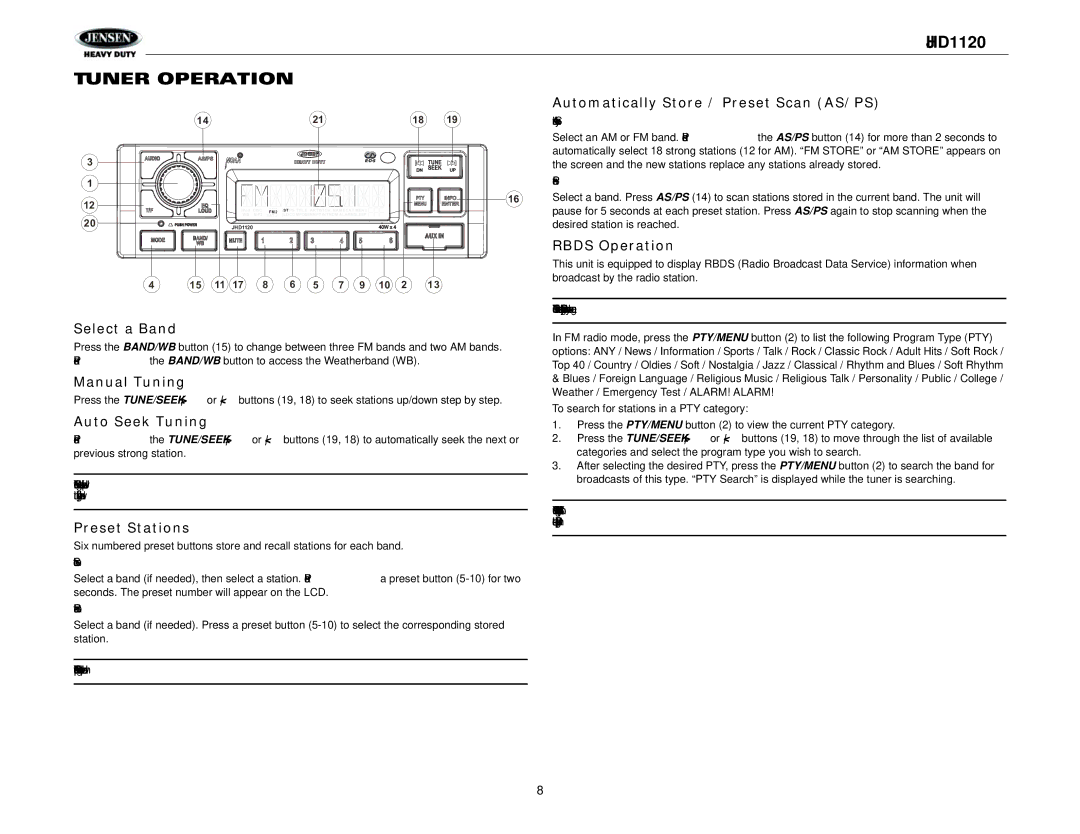 Jensen JHD1120 operation manual Tuner Operation 