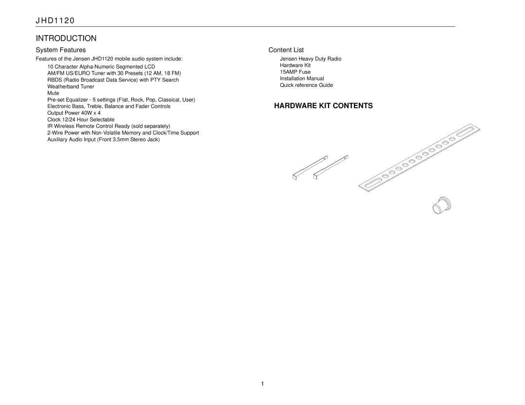 Jensen JHD1120 operation manual Introduction, System Features, Content List 