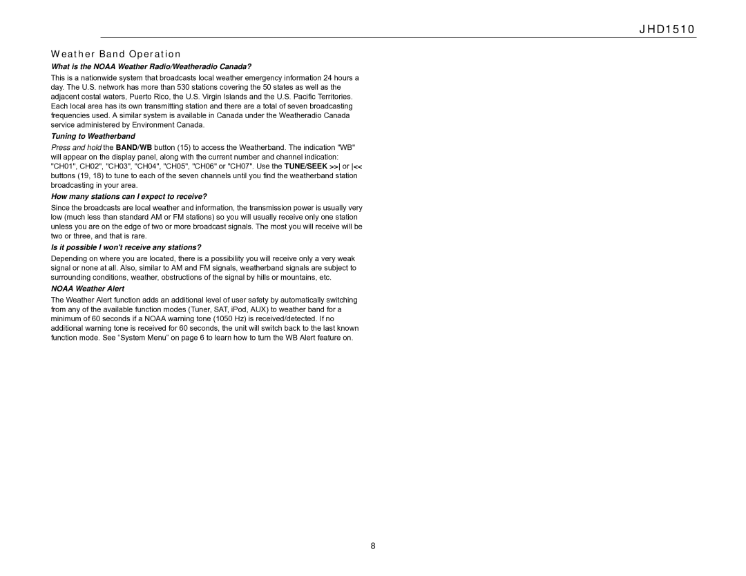 Jensen JHD1510 operation manual Weather Band Operation 