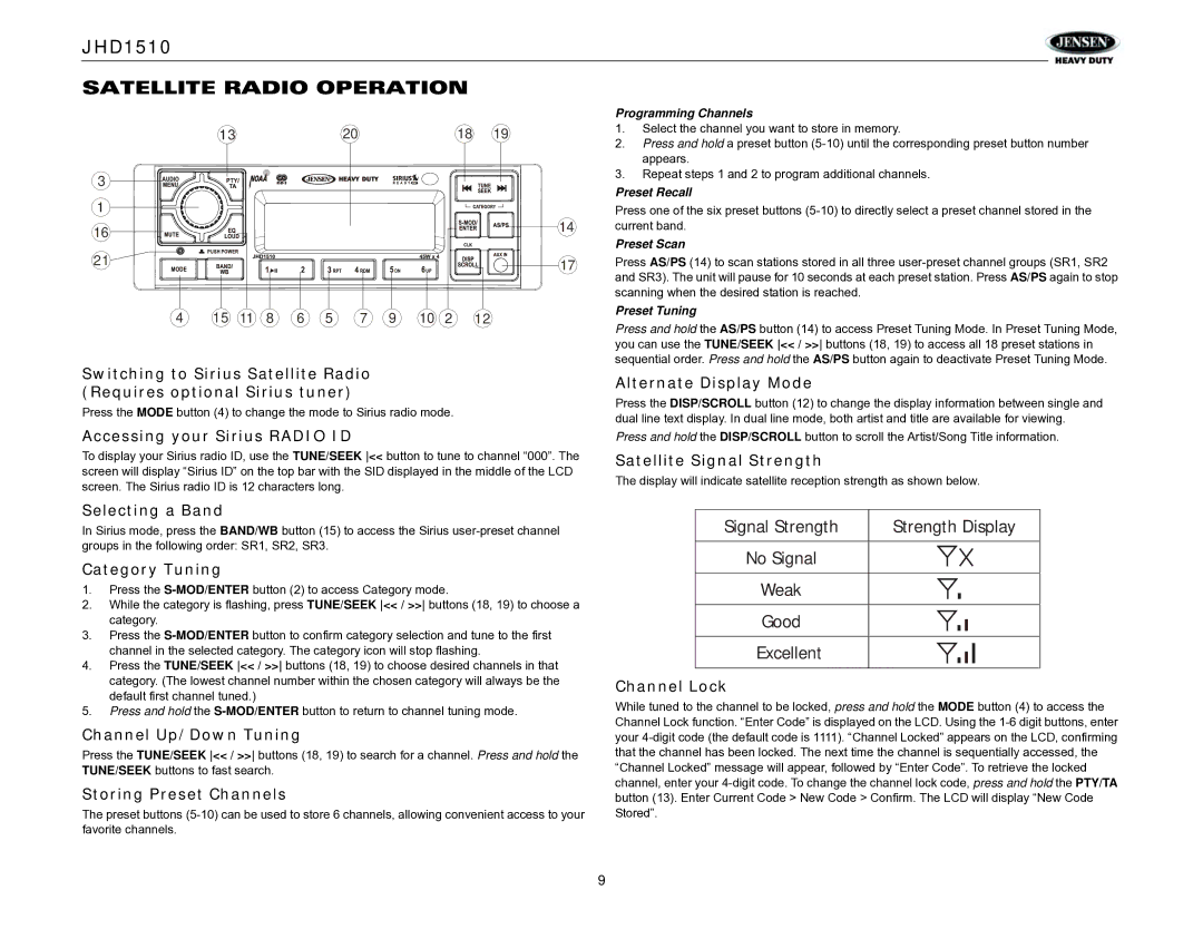 Jensen JHD1510 operation manual Satellite Radio Operation 