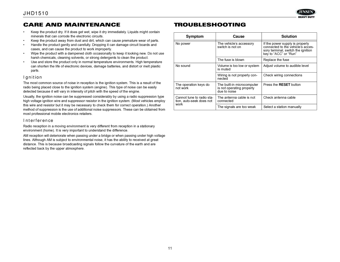 Jensen JHD1510 operation manual Care and Maintenance Troubleshooting, Ignition, Interference 