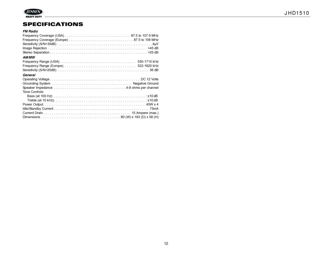 Jensen JHD1510 operation manual Specifications, FM Radio, General 