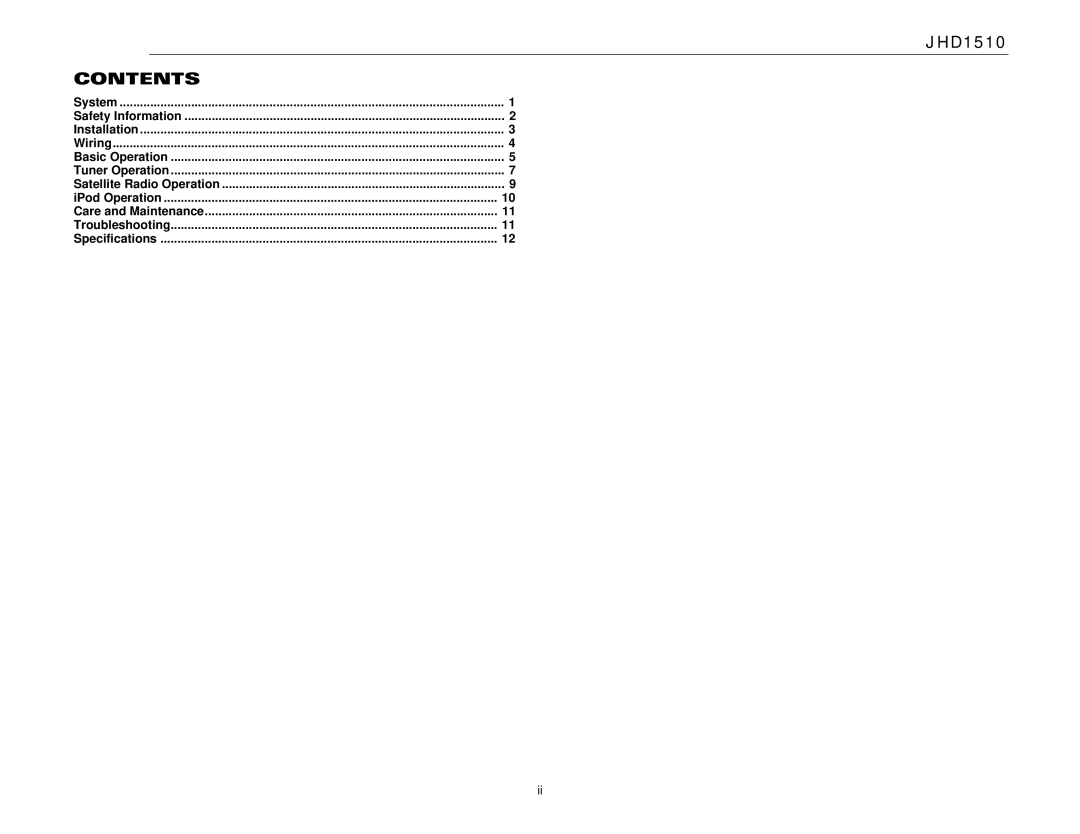 Jensen JHD1510 operation manual Contents 