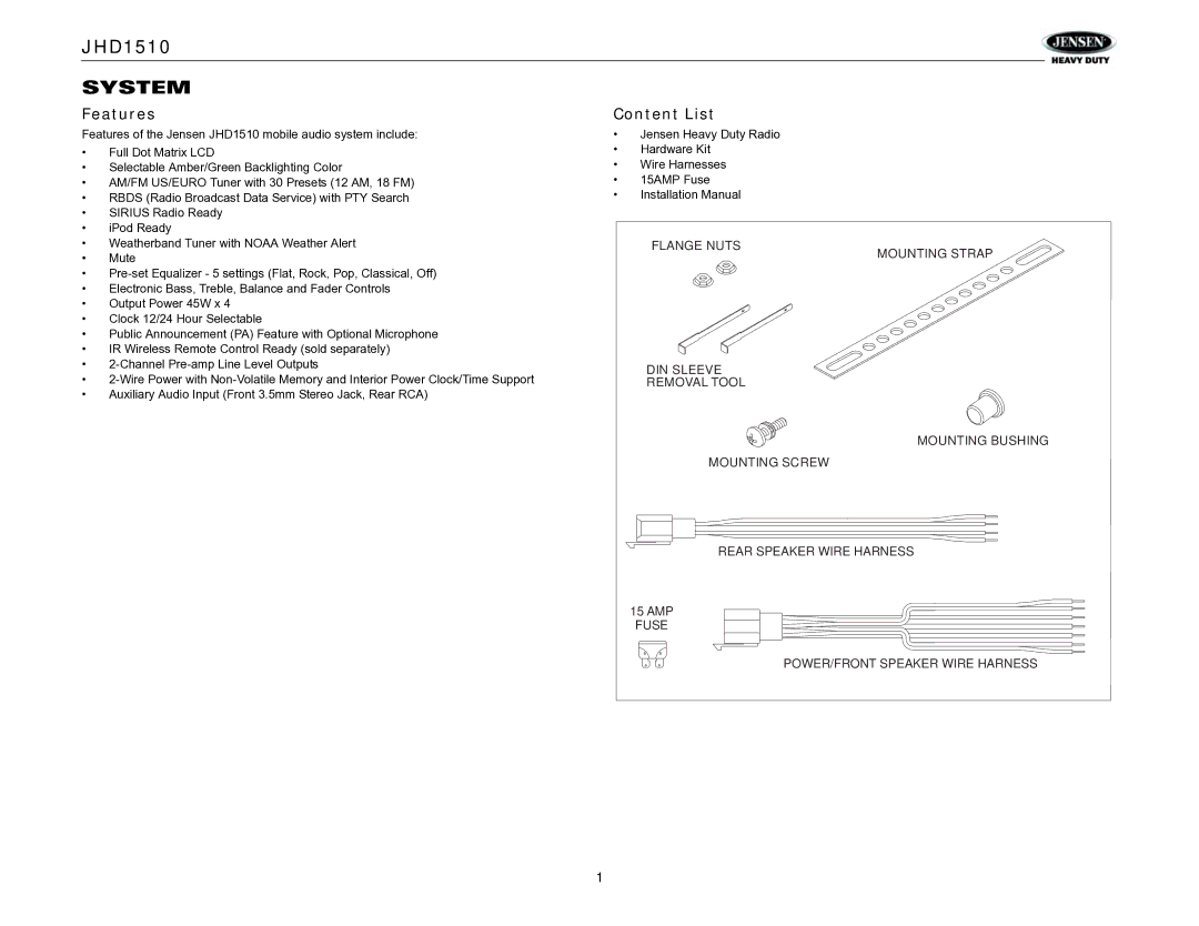 Jensen JHD1510 operation manual System, Features, Content List 