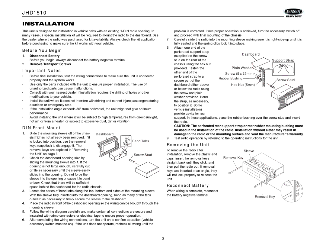 Jensen JHD1510 operation manual Installation 