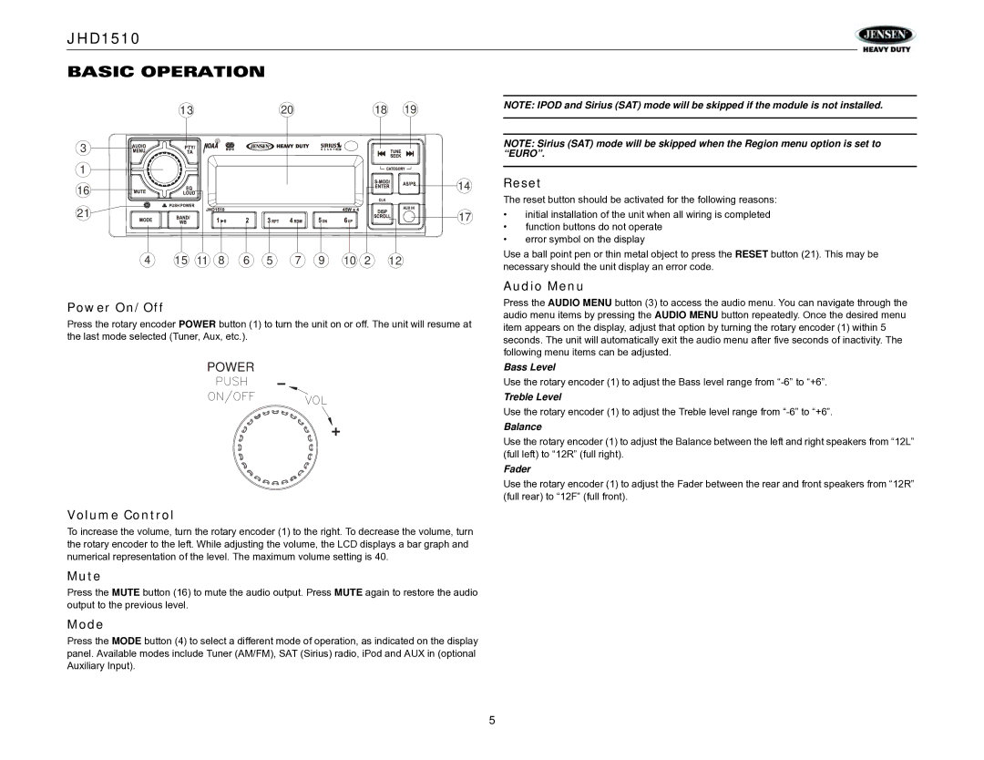 Jensen JHD1510 operation manual Basic Operation 