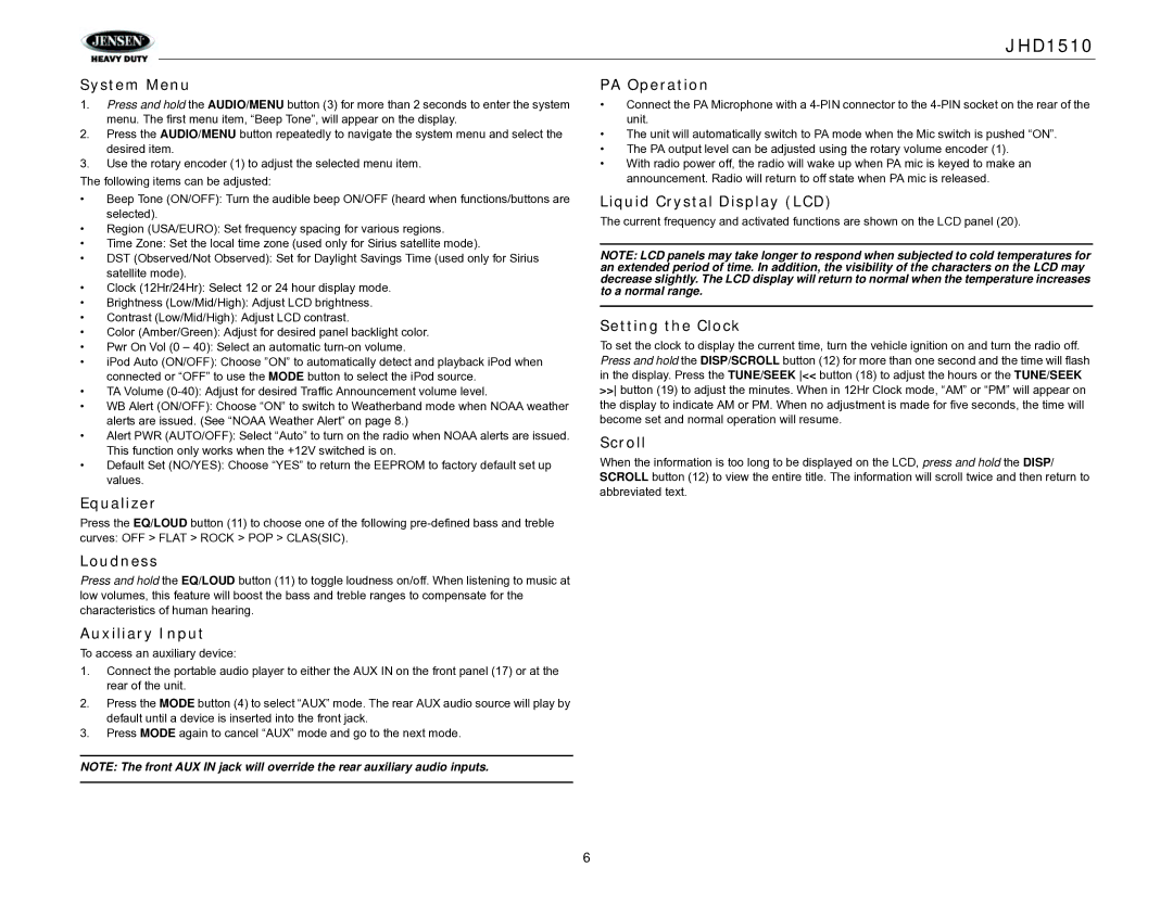 Jensen JHD1510 System Menu, Equalizer, Loudness, Auxiliary Input, PA Operation, Liquid Crystal Display LCD, Scroll 