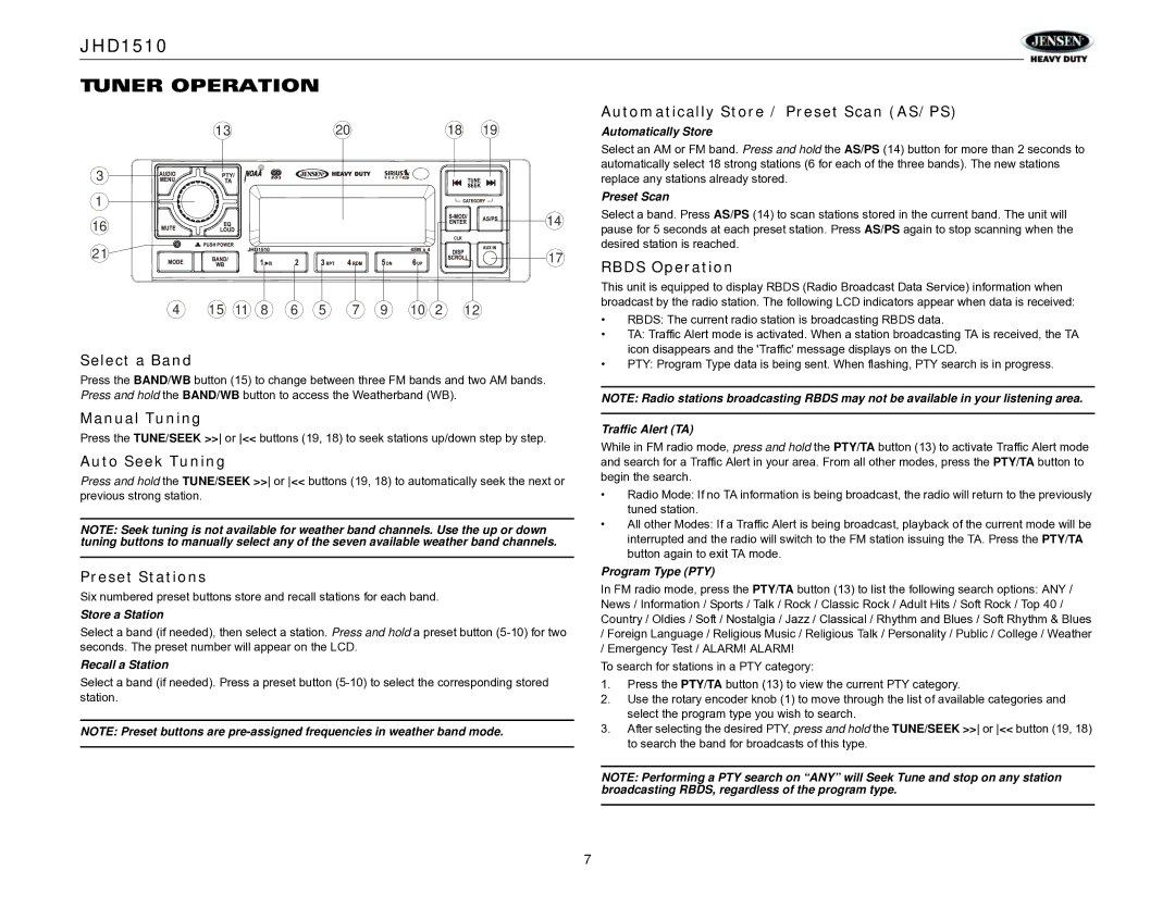 Jensen JHD1510 operation manual Tuner Operation 