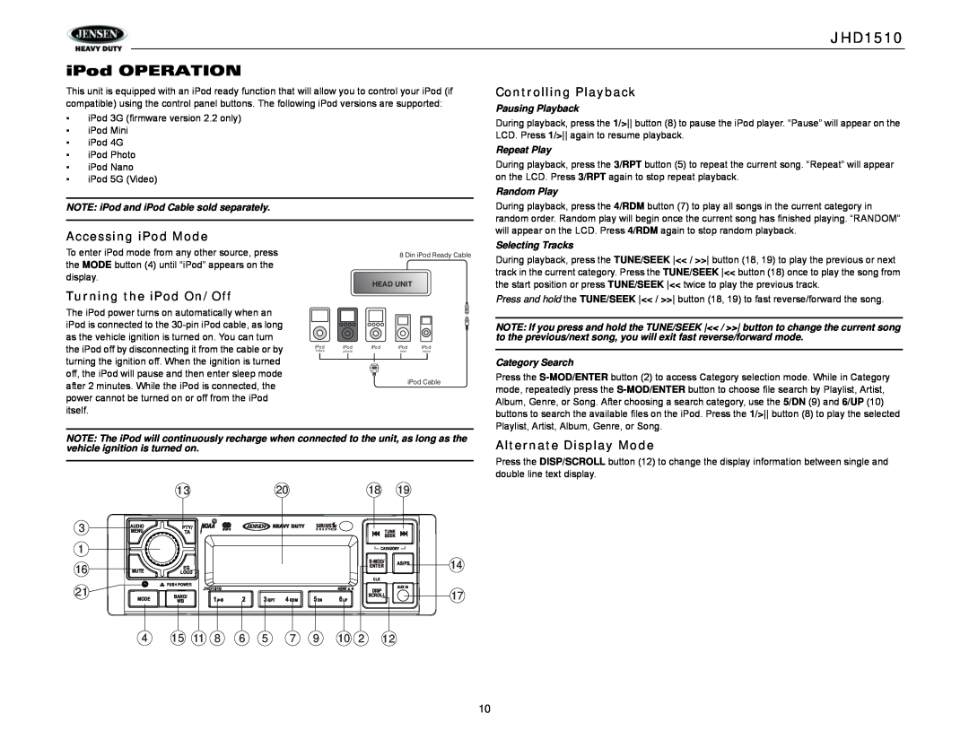 Jensen operation manual JHD1510 iPod OPERATION, Controlling Playback, Accessing iPod Mode, Turning the iPod On/Off 