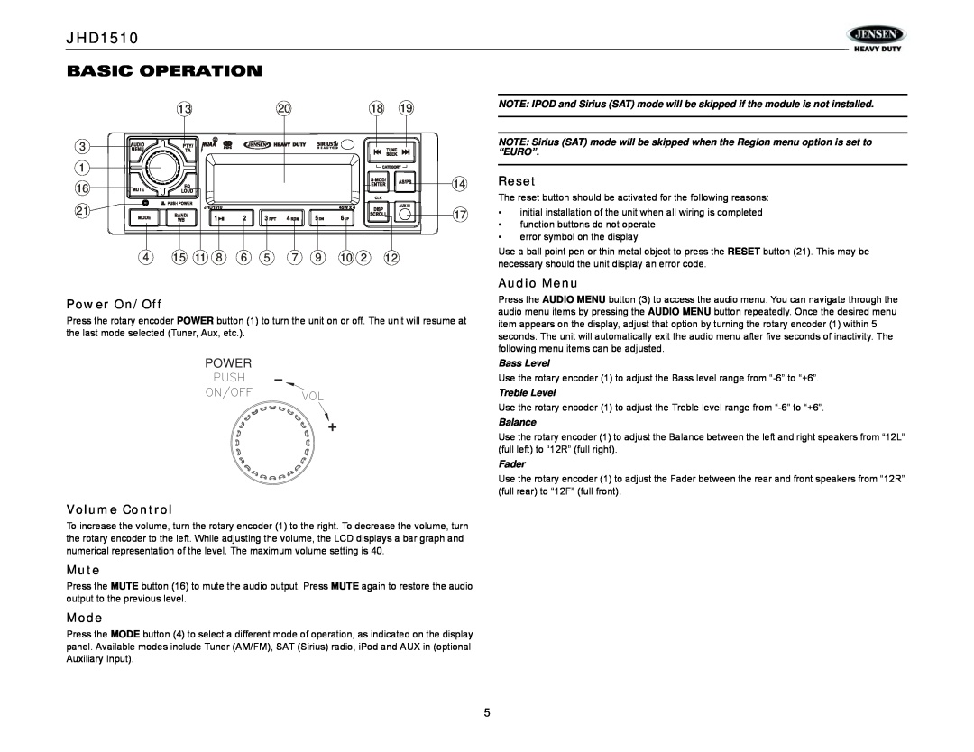 Jensen operation manual JHD1510 BASIC OPERATION, 14Reset, Power On/Off, Volume Control, Mute, Mode, Audio Menu 