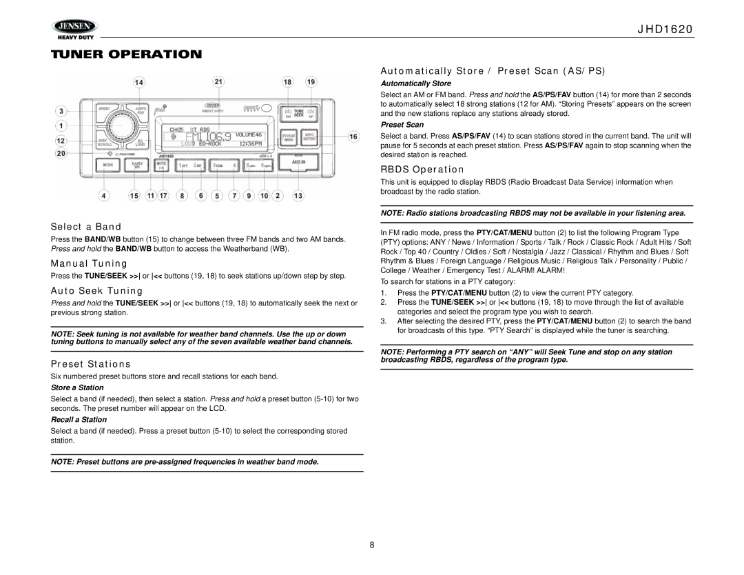 Jensen JHD1620 operation manual Tuner Operation 