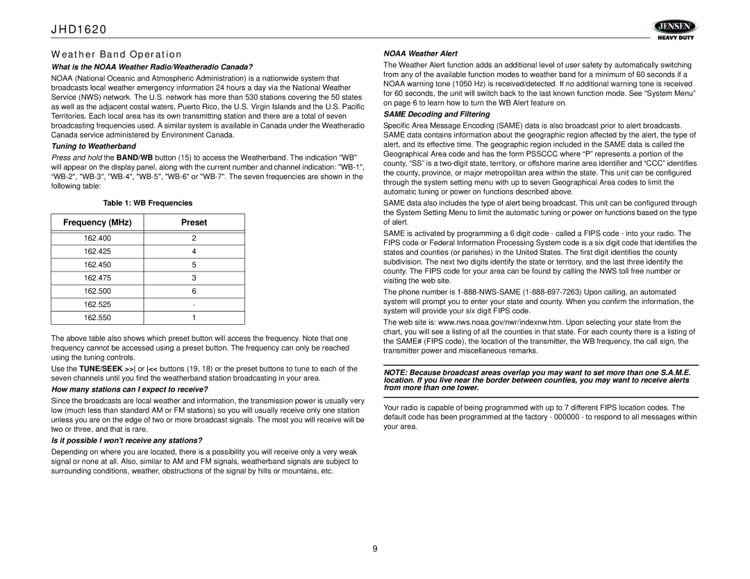 Jensen JHD1620 operation manual Weather Band Operation 