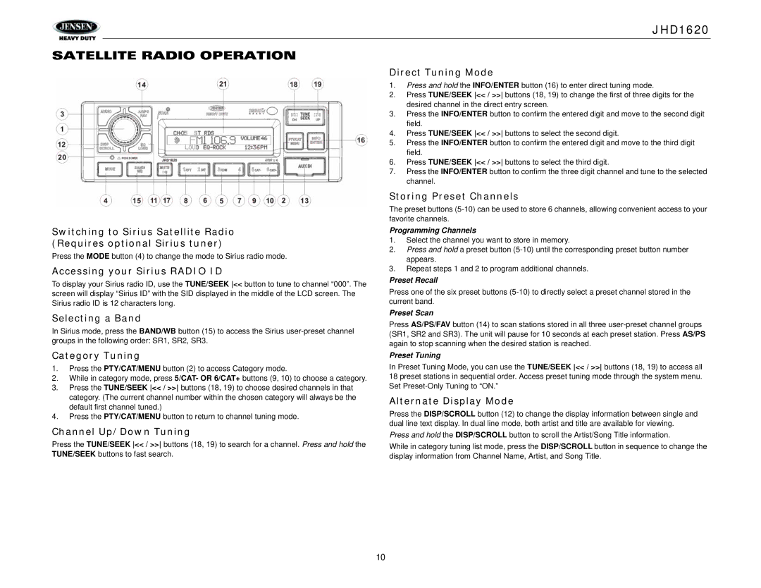 Jensen JHD1620 operation manual Satellite Radio Operation 