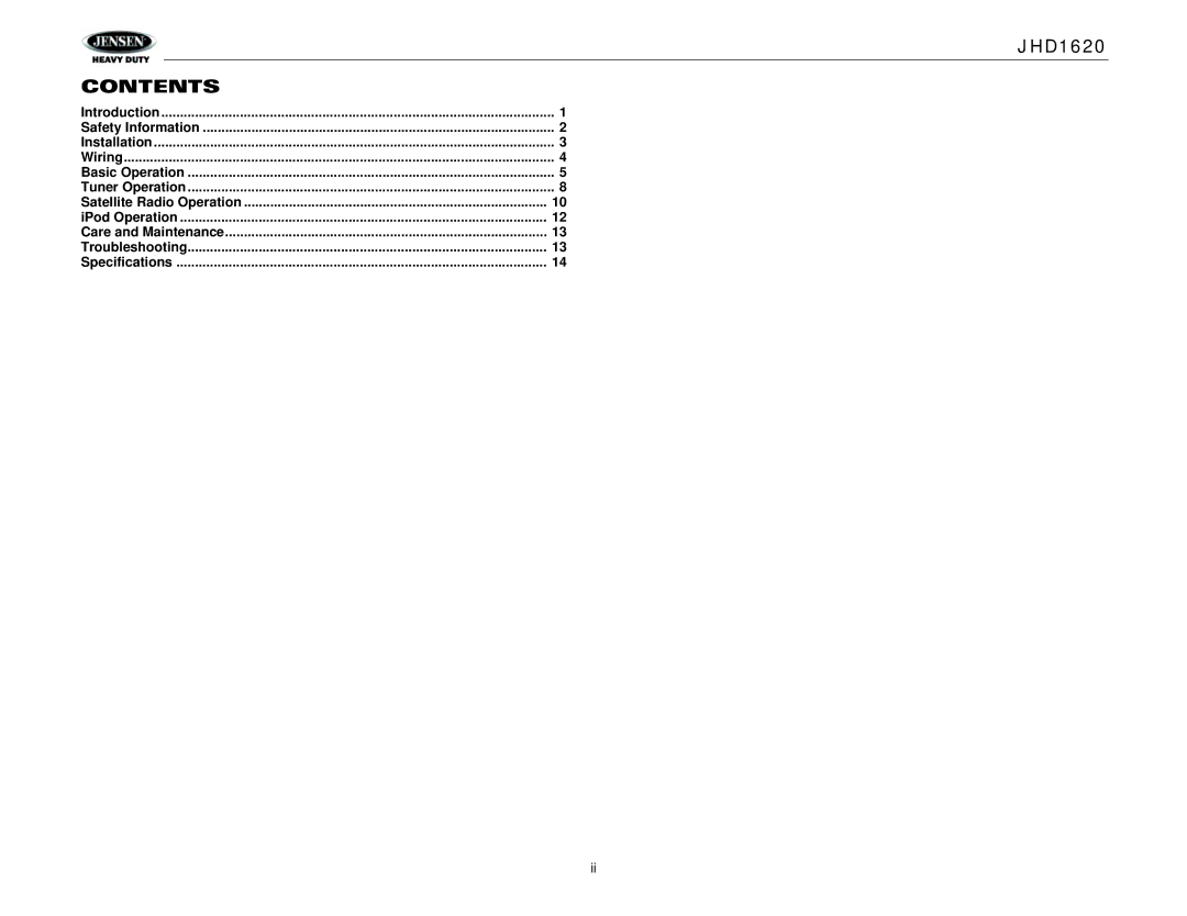 Jensen JHD1620 operation manual Contents 