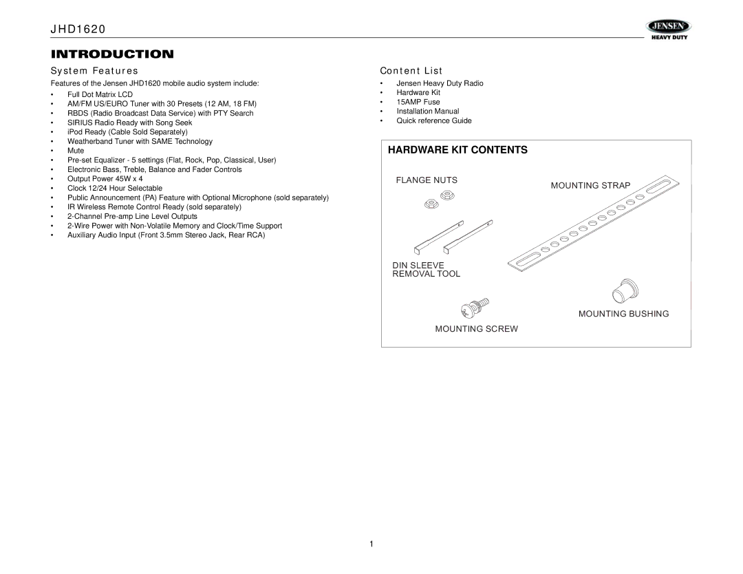 Jensen JHD1620 operation manual Introduction, System Features, Content List 