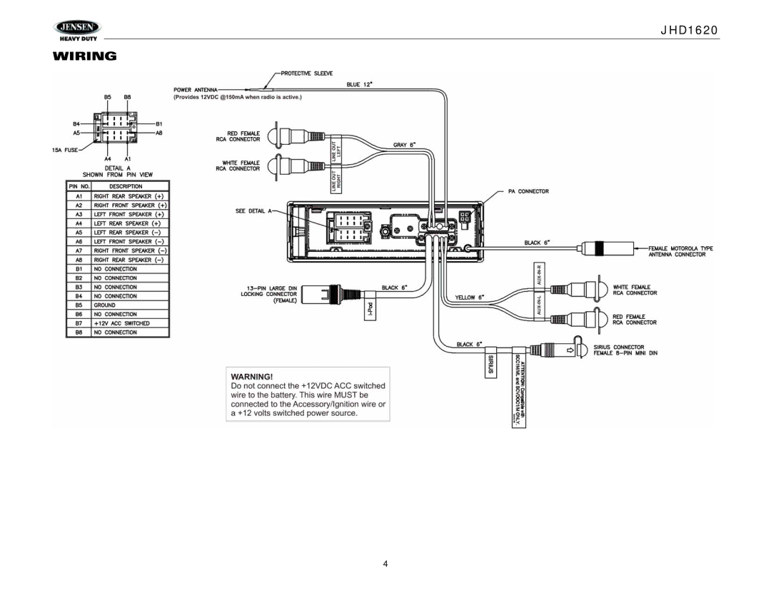 Jensen JHD1620 operation manual Wiring 