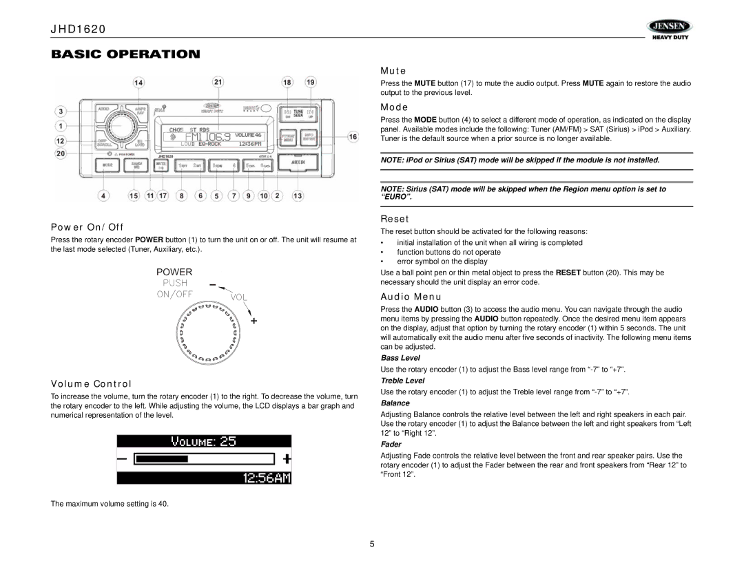 Jensen JHD1620 operation manual Basic Operation 