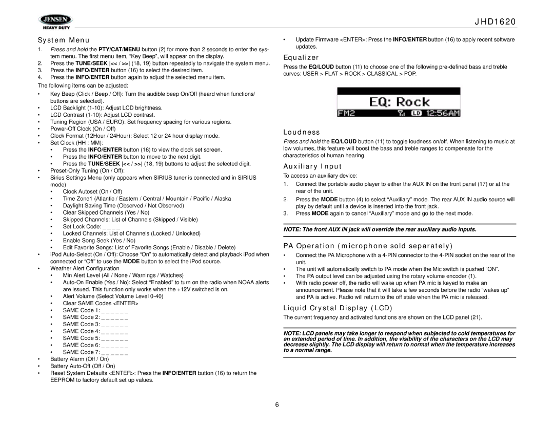 Jensen JHD1620 operation manual System Menu, Equalizer, Loudness, Auxiliary Input, PA Operation microphone sold separately 