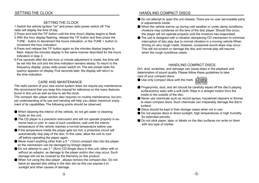 Jensen JHD3000 manual Setting the Clock, Handling Compact Discs, Care and Maintenance 