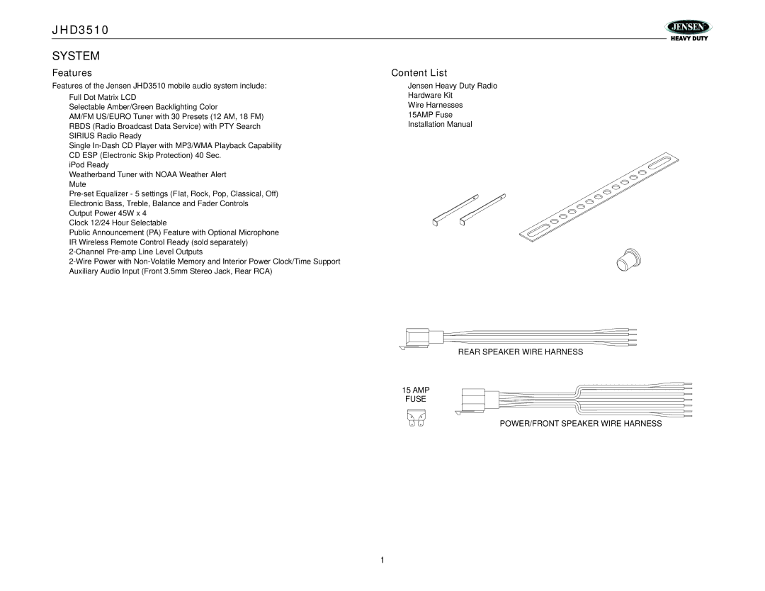 Jensen JHD3510 operation manual System, Features, Content List 