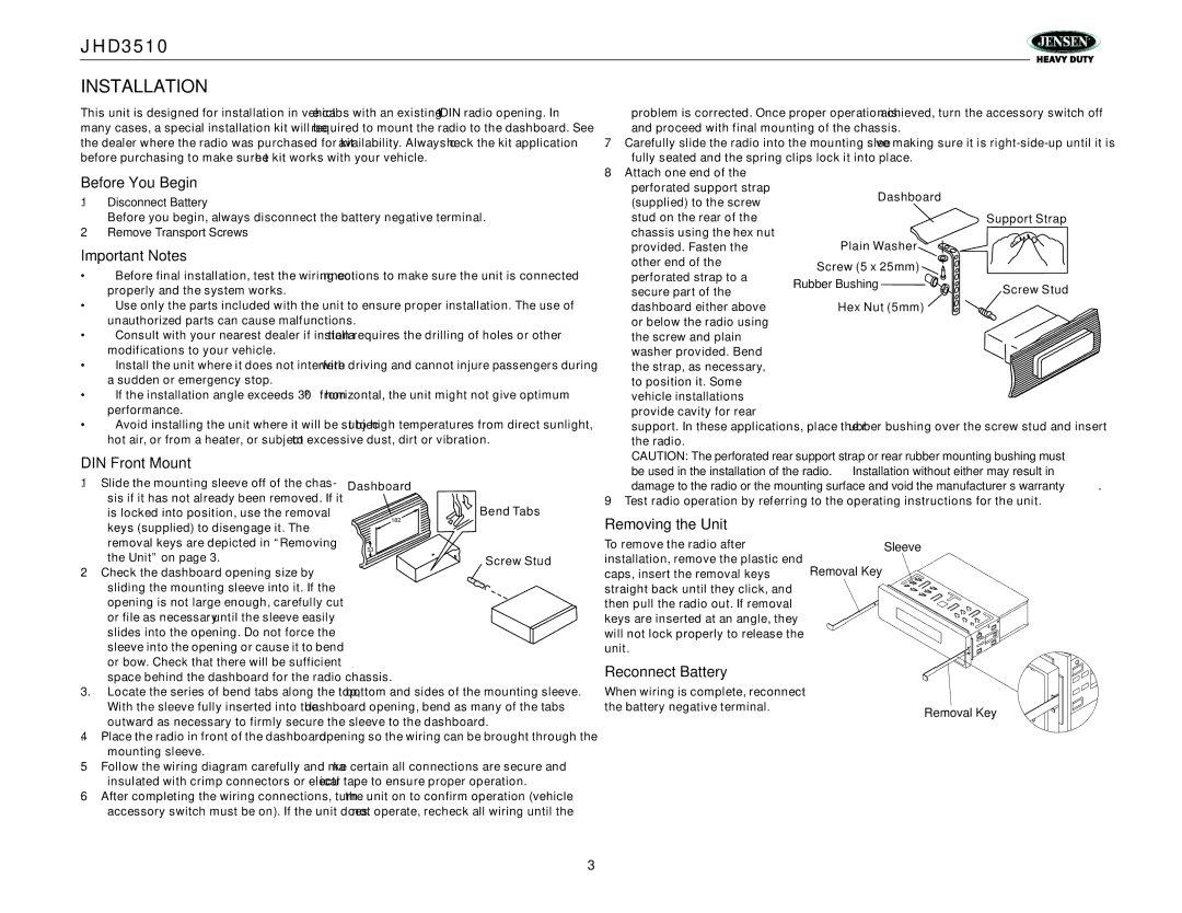 Jensen JHD3510 operation manual Installation 