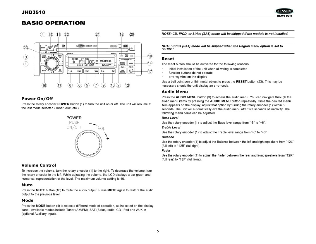 Jensen JHD3510 operation manual Basic Operation 